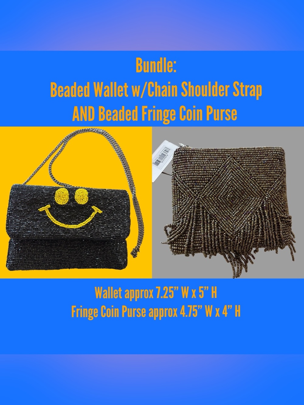 BUNDLE: Beaded Smiley Face Wallet w/Chain Shoulder Strap & Beaded Coin Purse NEW